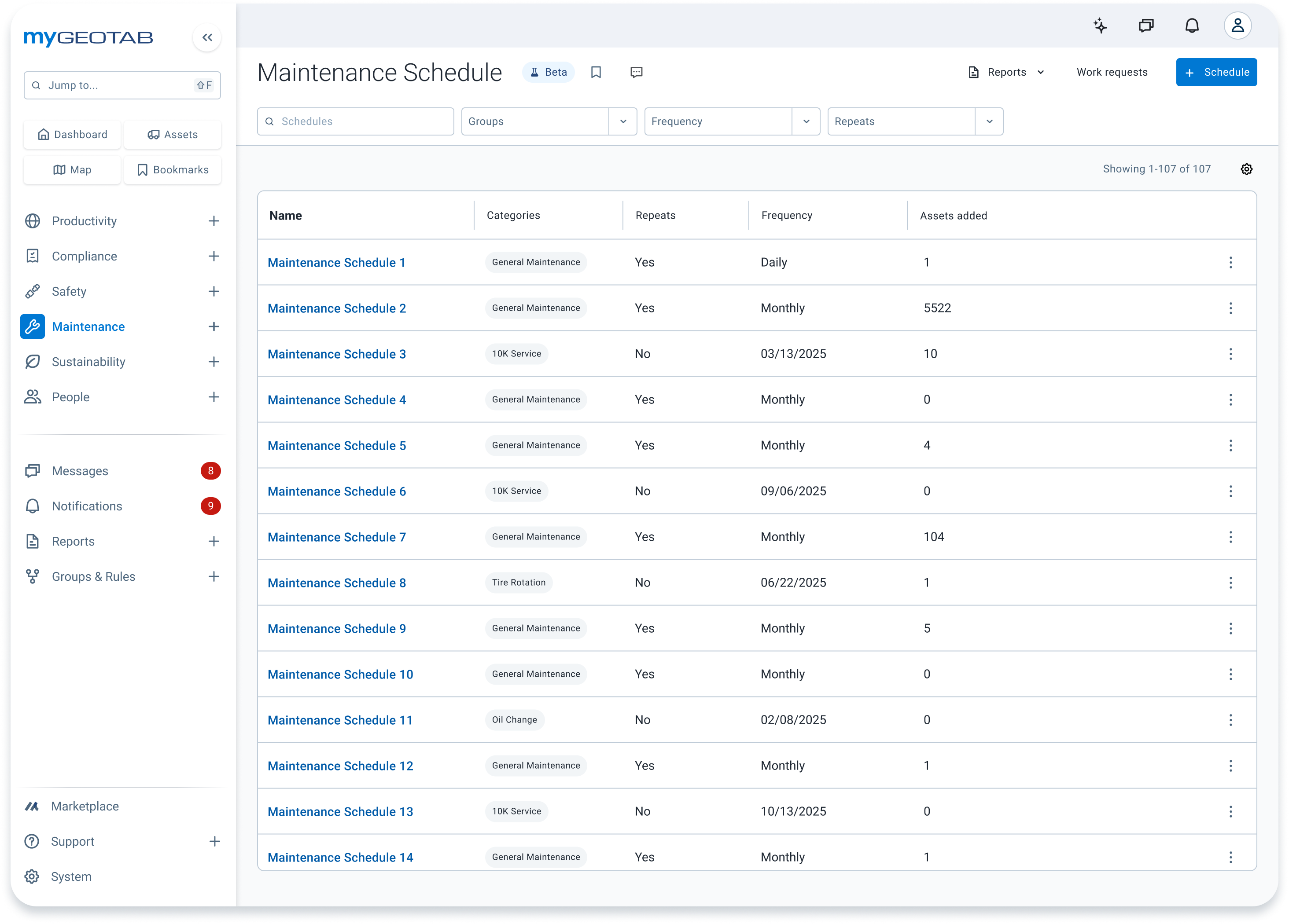 MyGeotab maintenance schedule