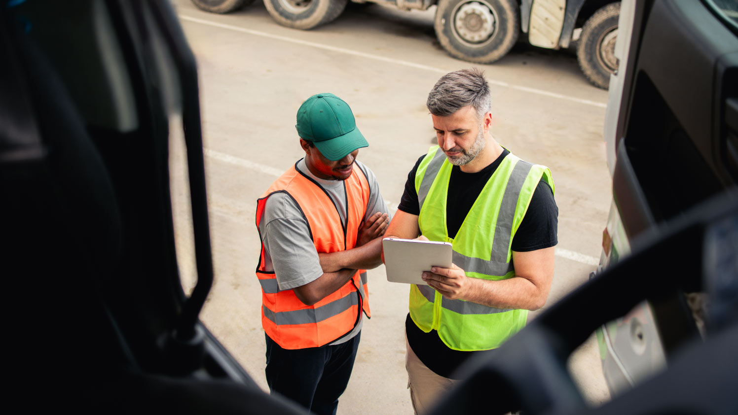 two workers having a discussion