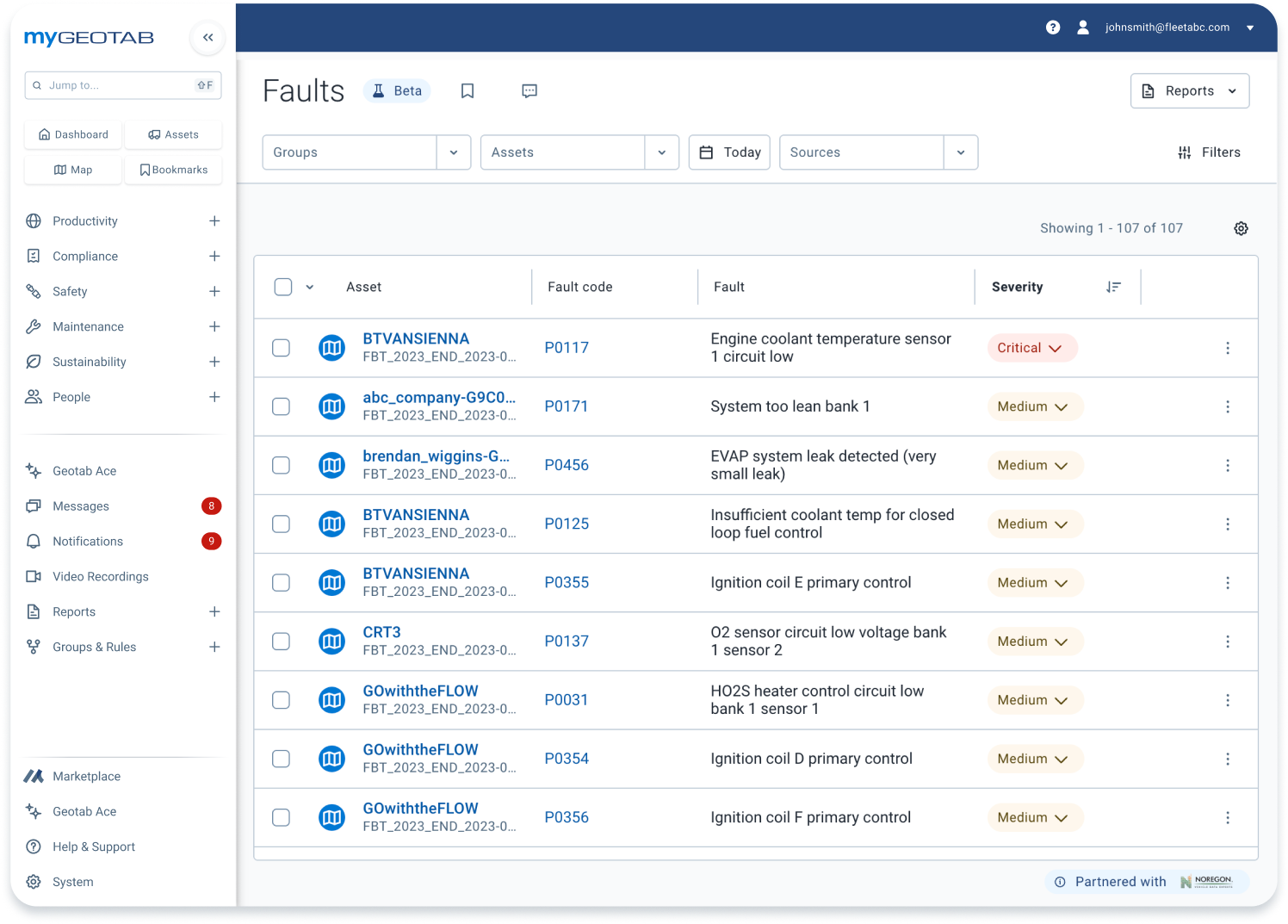 Faults dashboard in MyGeotab