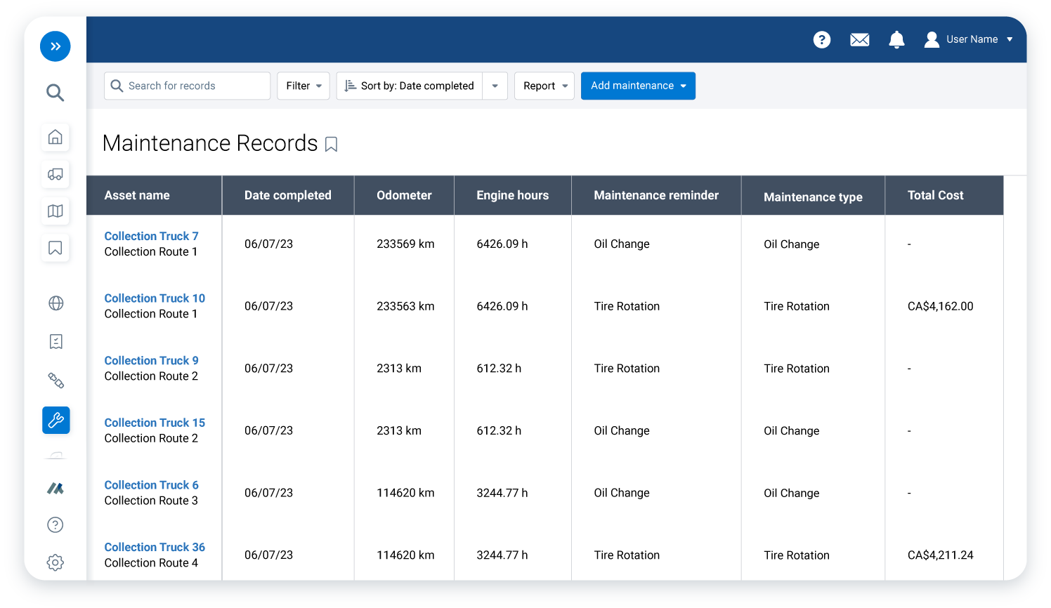 Maintenance records in MyGeotab