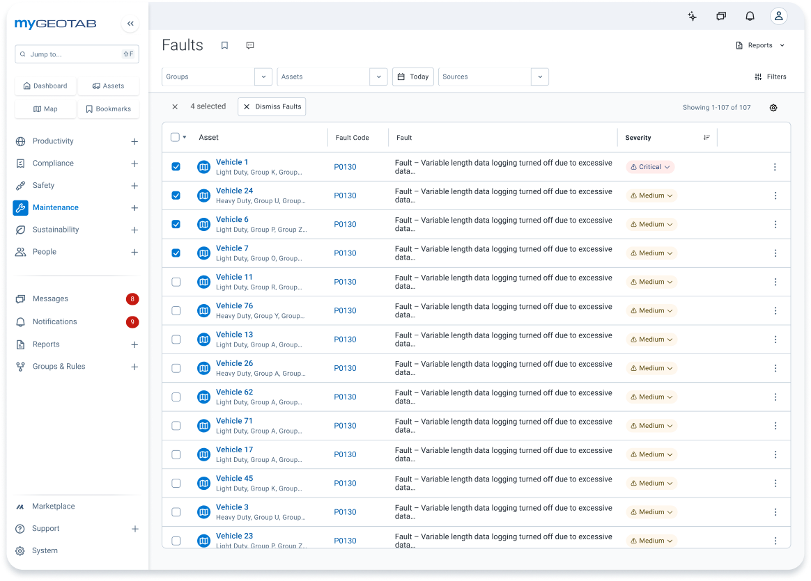 MyGeotab Faults page listing vehicles with engine fault codes and severity levels