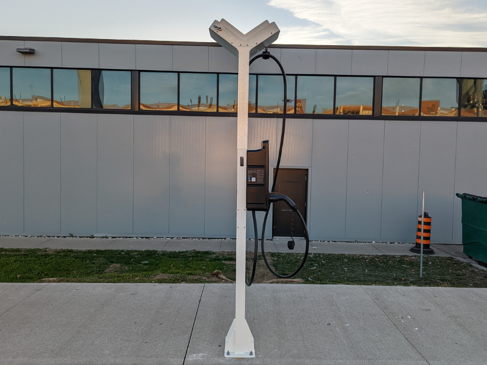 An EV station at the Geotab Waterloo office. 