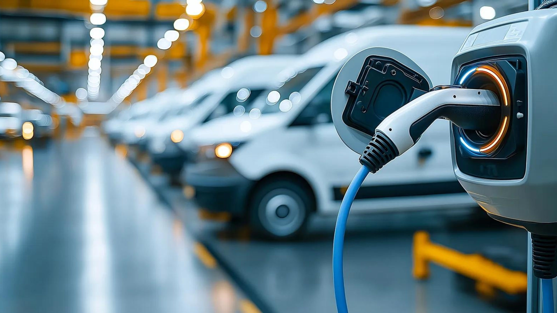 Electric vehicle charging cable plugged into a car in a factory warehouse with multiple white vehicles in the background