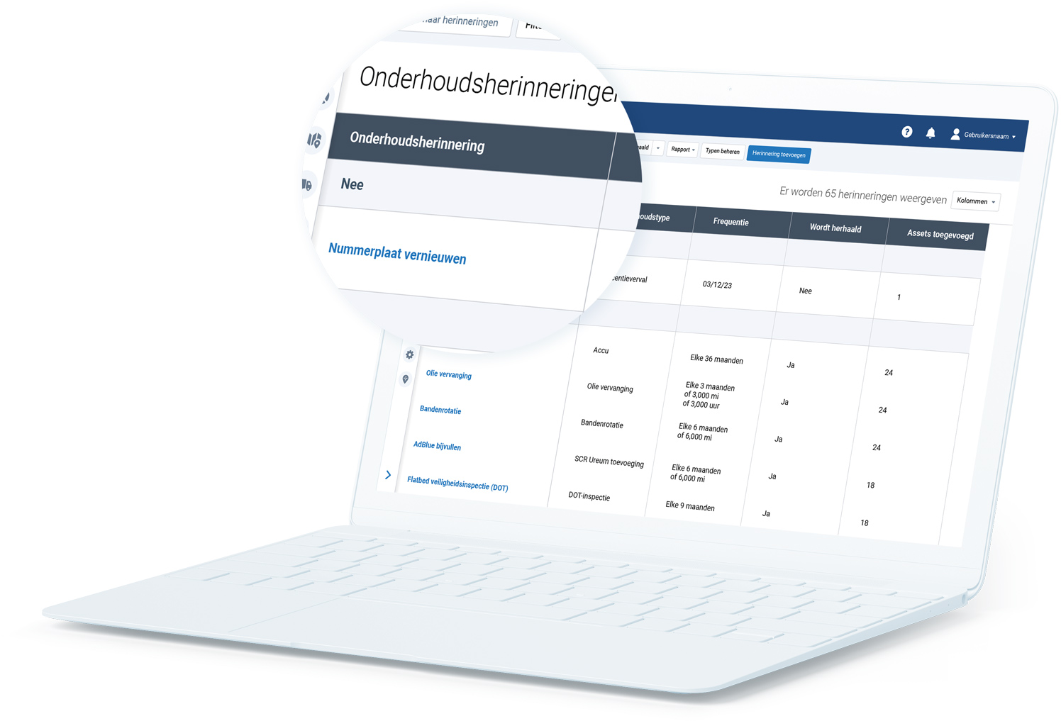 Herinneringsregels voor MyGeotab-onderhoud weergegeven op een witte laptop met een toelichting die bepaalde inhoud uitvergroot