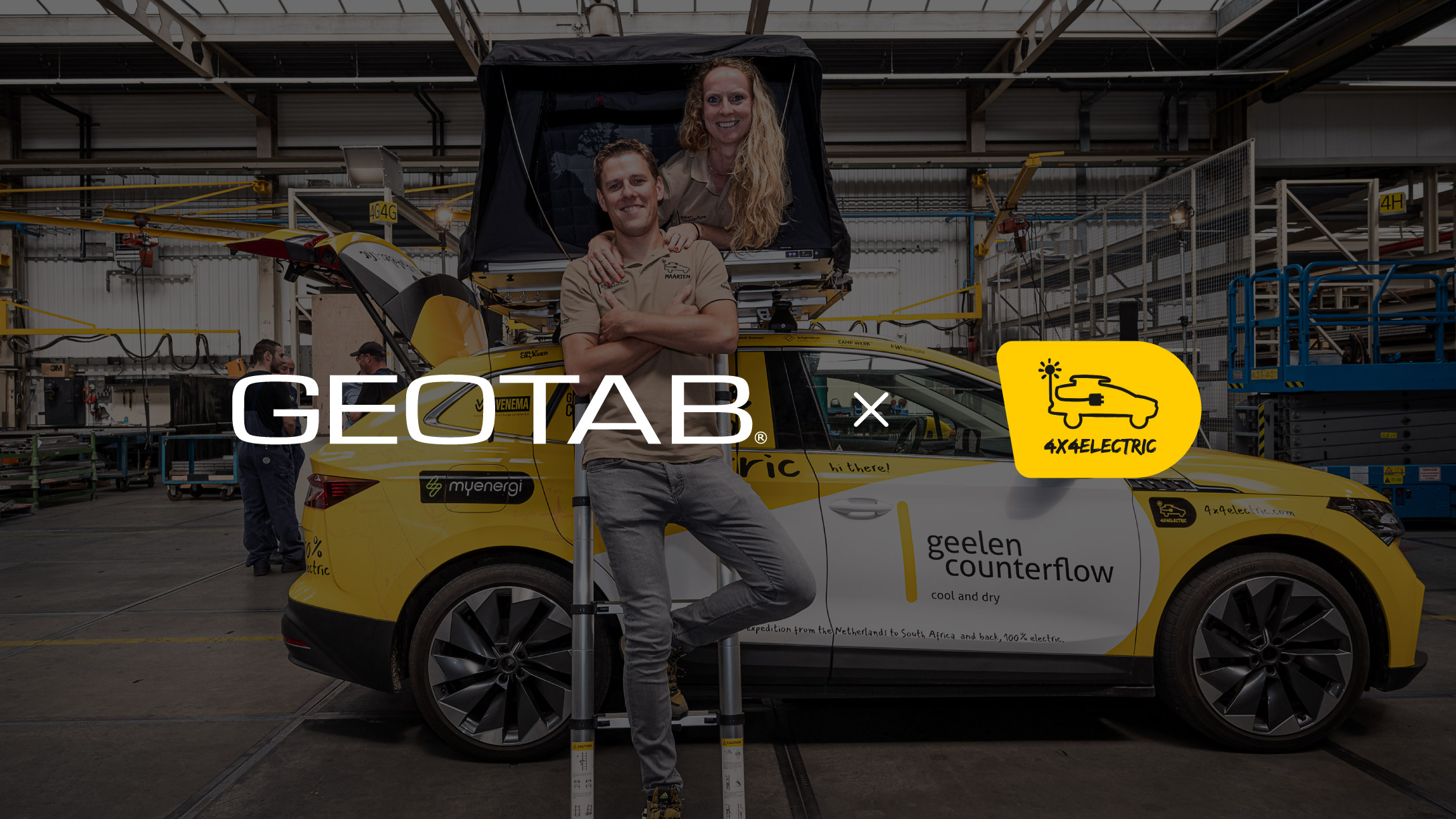 Geotab logo and 4x4electric logo on a background of the Africa expedition electric vehicle with the founders