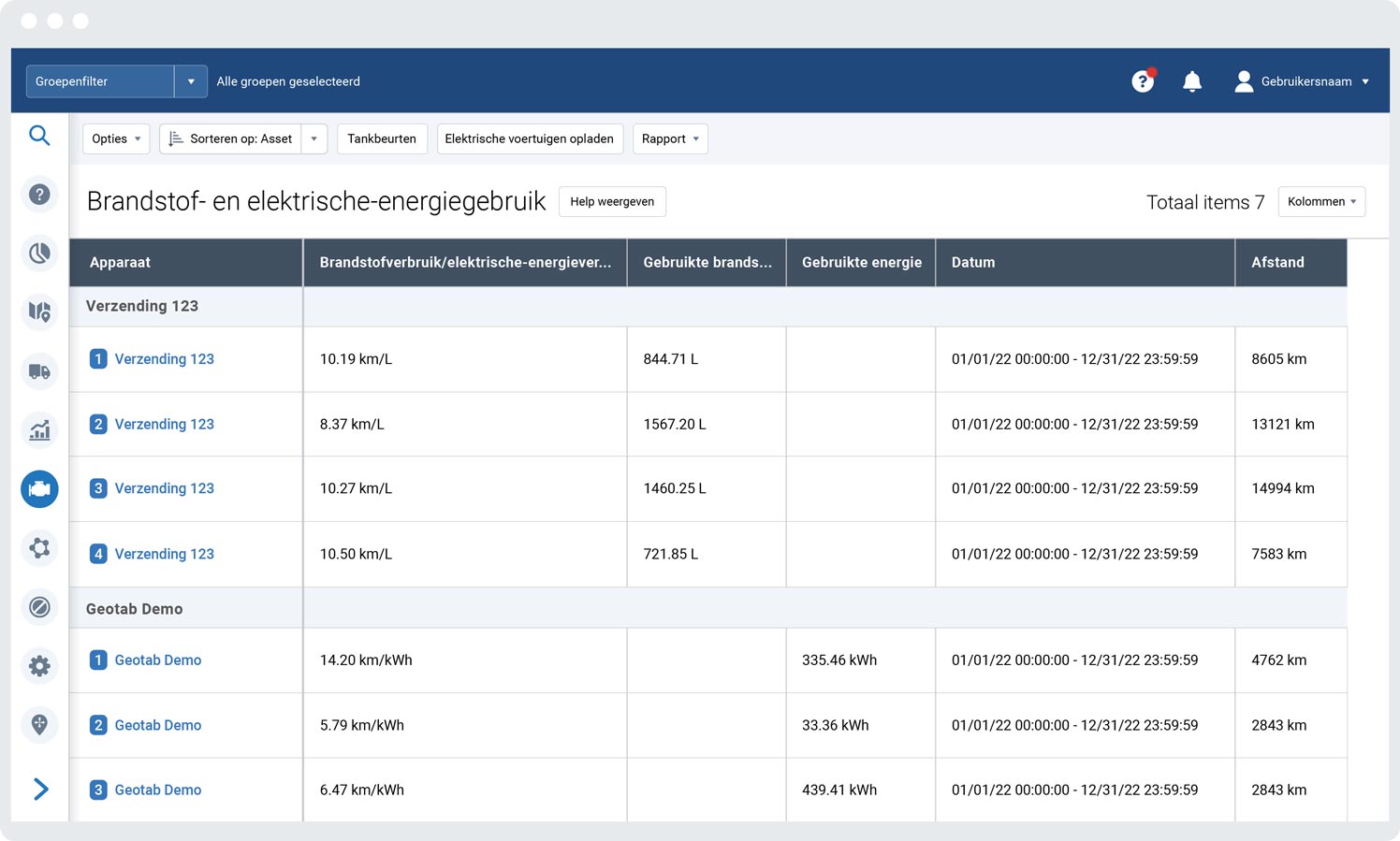 Fuel and EV energy usage report in MyGeotab Fuel and EV energy usage report on MyGeotab interface