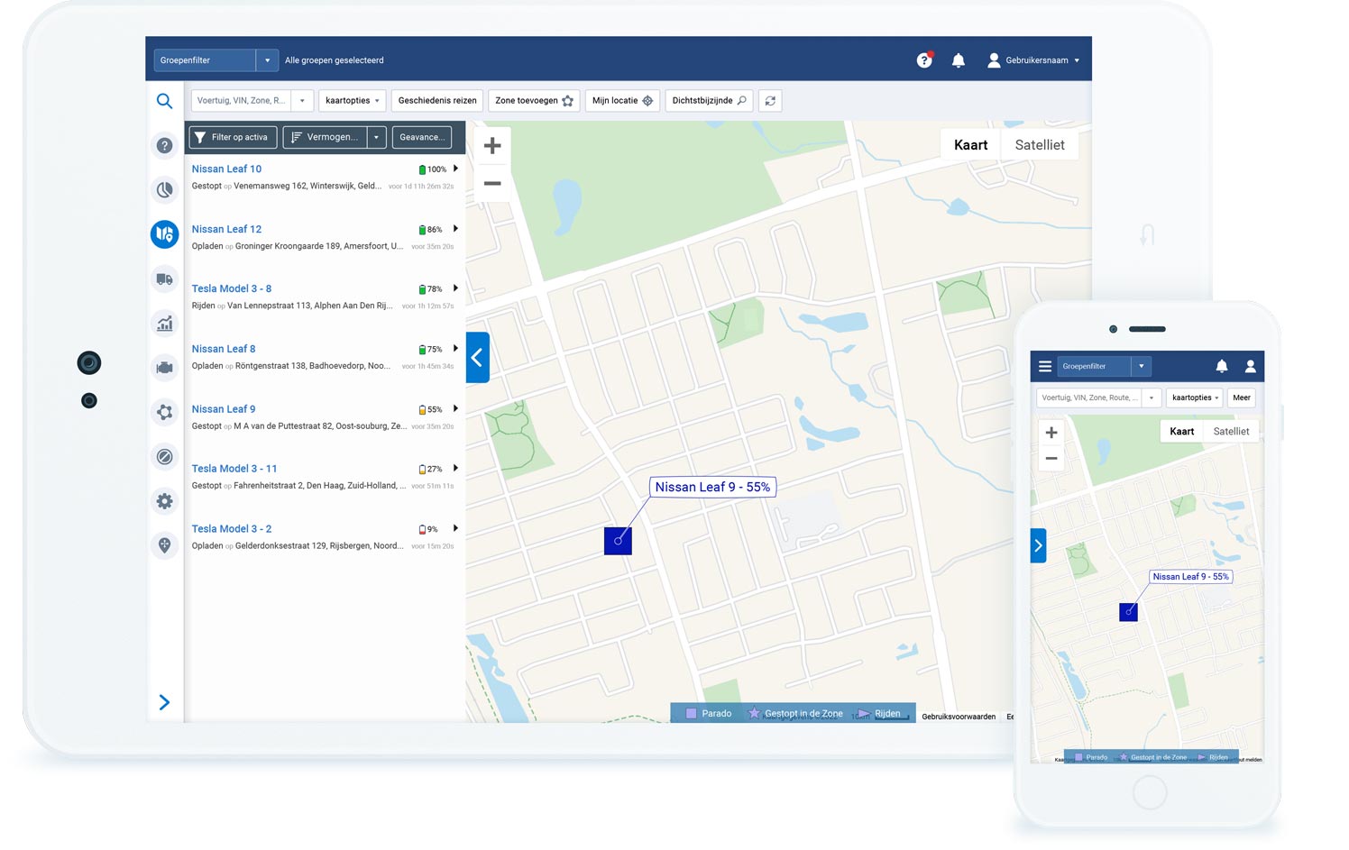 EV map functionality in MyGeotab EVs shown on a map in MyGeotab interface on white tablet and mobile phone