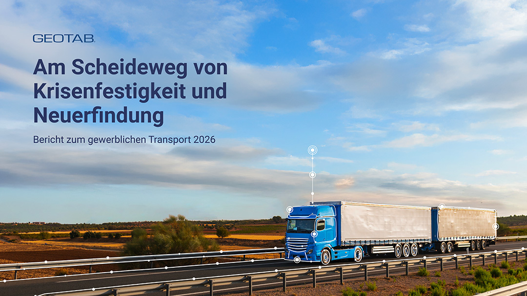 Cover des Reports 2026. Es zeigt einen blauen Lkw auf einer Autobahn, überlagert von digitalen Verbindungslinien, die Telematik symbolisieren.