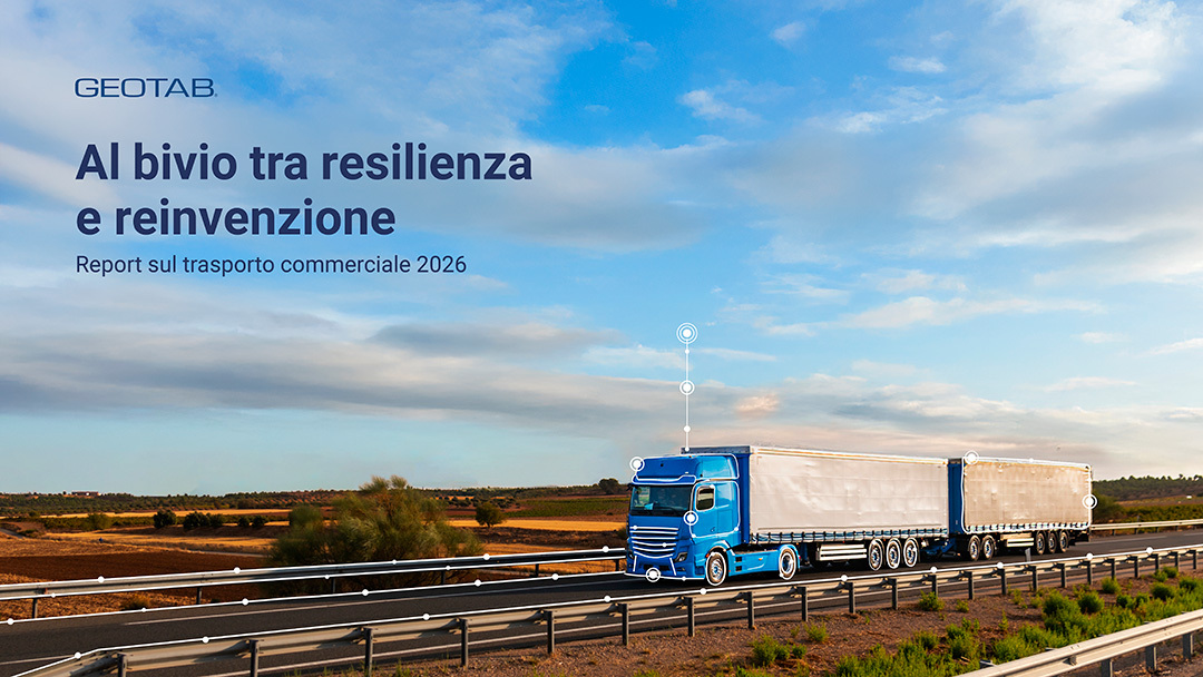 Copertina del report 2026 che mostra un camion blu in autostrada, con linee di connettività digitali sovrapposte che simboleggiano la telematica.