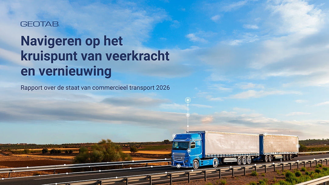 Cover van het rapport 2026 met een blauwe vrachtwagen op een snelweg, met daaroverheen digitale connectiviteitslijnen die telematica symboliseren.
