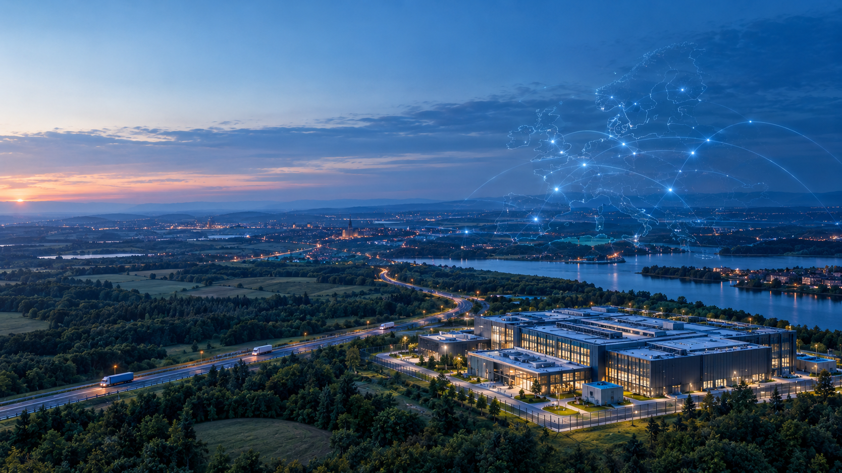 Aerial view of a secure European data centre at blue hour, with subtle blue network connections linking cities across Europe and commercial vehicles travelling on nearby roads.