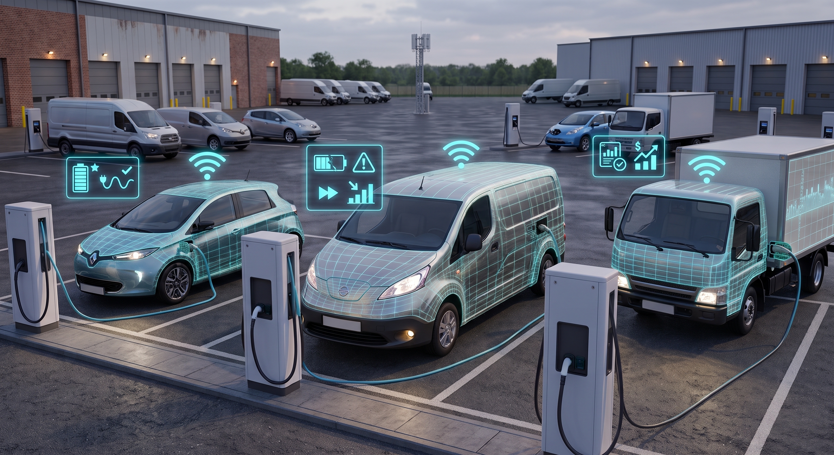 A commercial electric vehicle fleet charging at a depot, featuring digital augmented reality overlays that illustrate continuous EV battery health monitoring, degradation alerts, and residual value tracking.