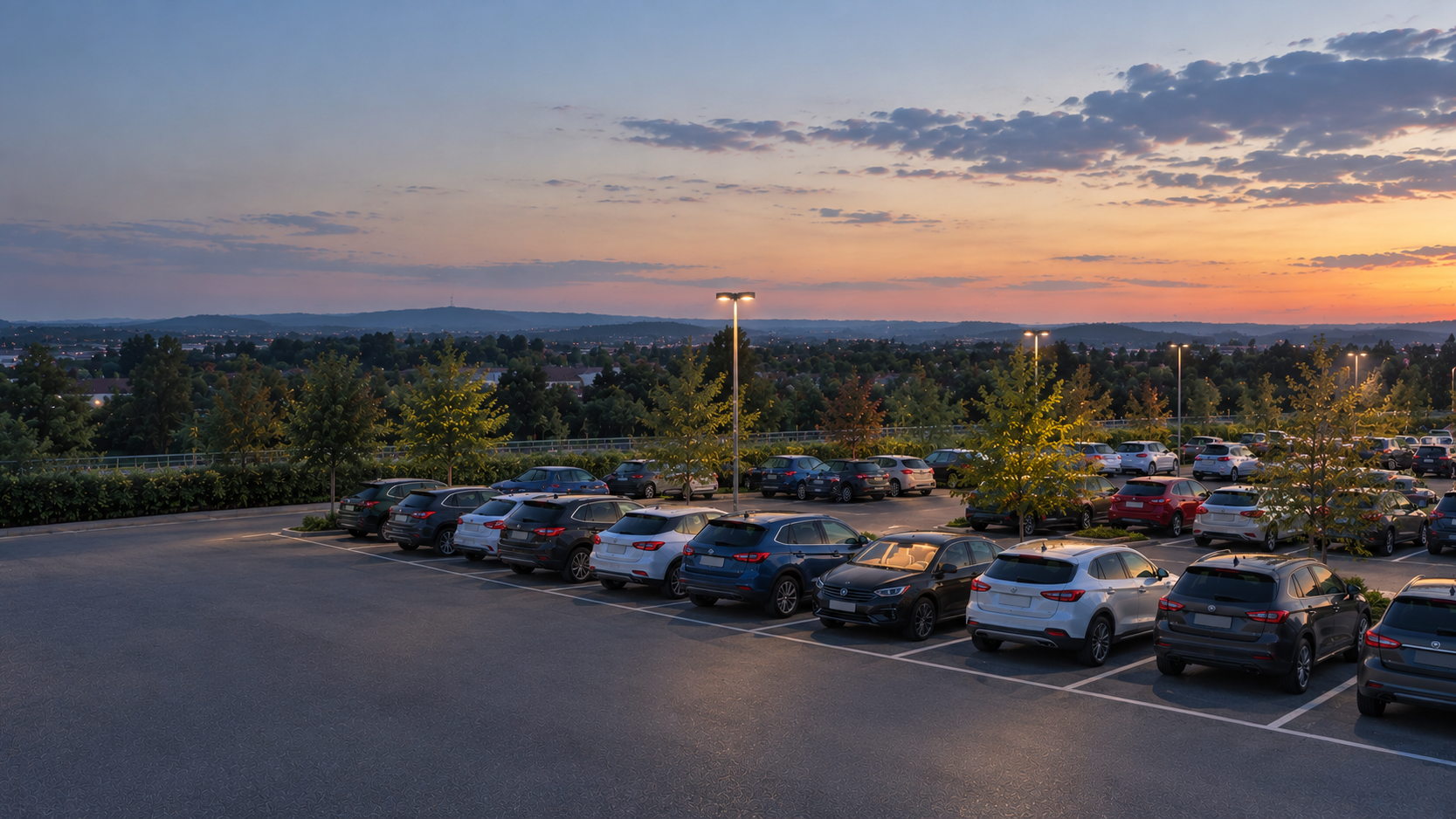 Rows of rental cars in a car park at dusk, illustrating vehicle fleet management and rental fleet operations.