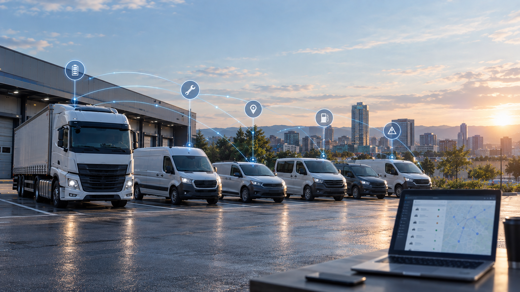 Mixed-fleet telematics with unbranded trucks and vans connected by blue data signals, illustrating OEM and device-level vehicle data harmonisation.