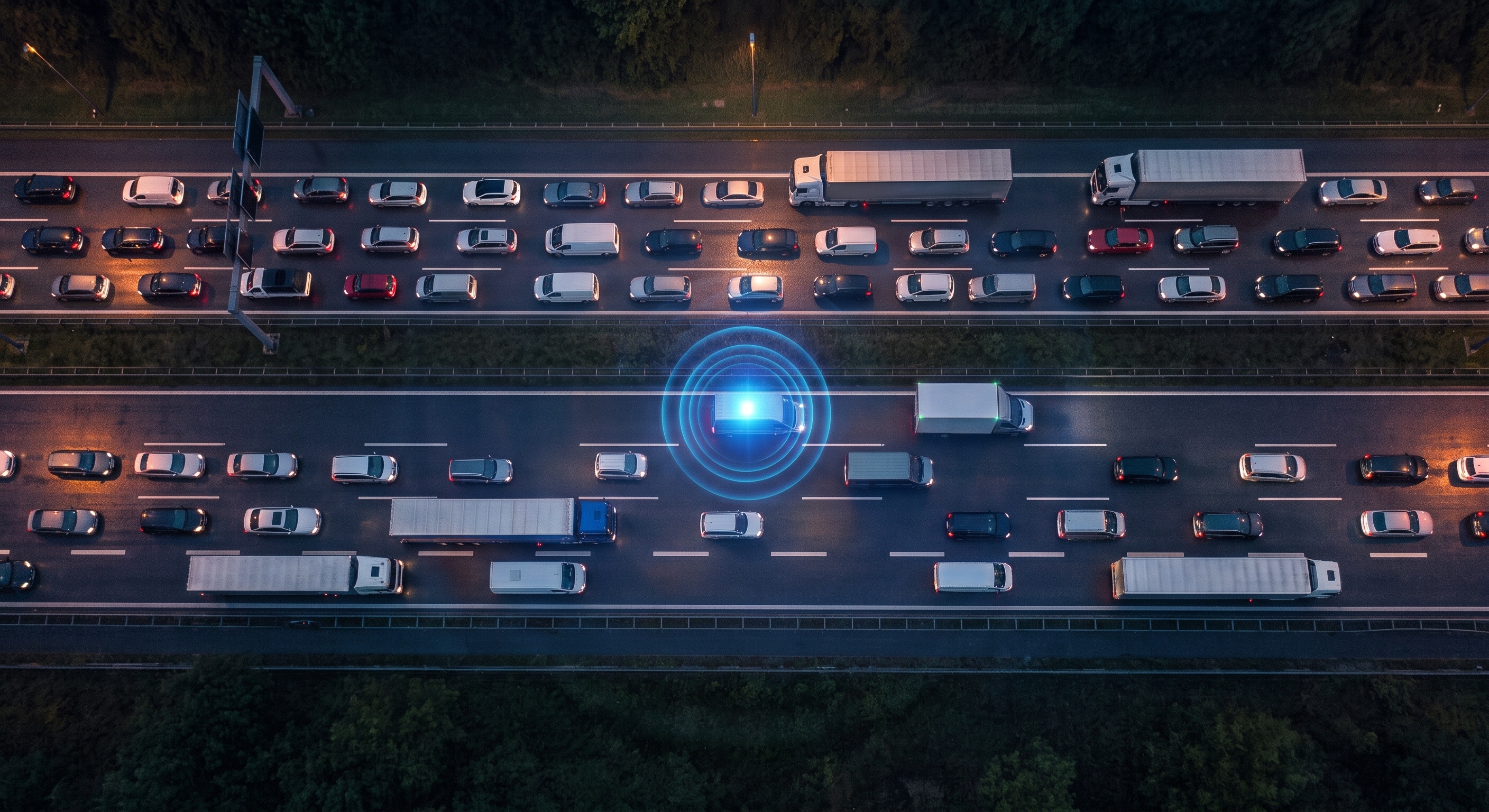 Bird's-eye view of vehicles on a dark highway. One van in the middle is highlighted with small blue circular radar pulses emitting from it.