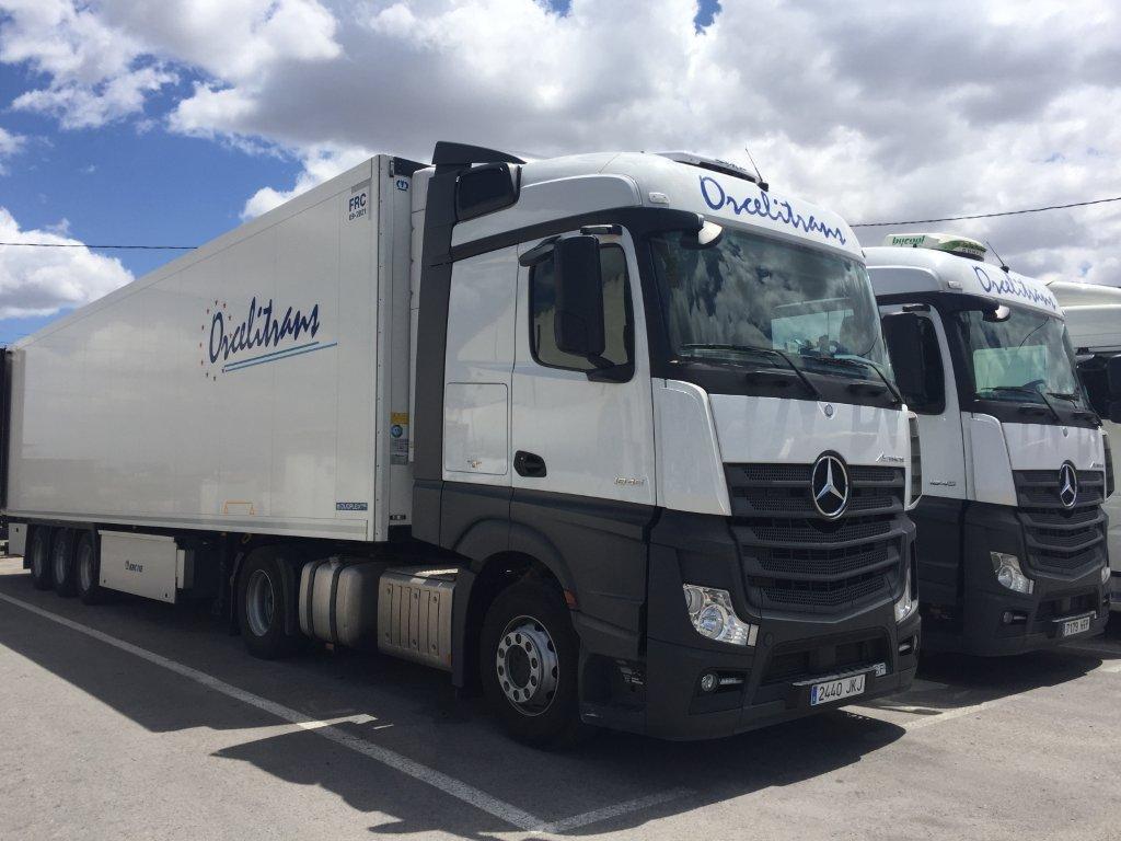 Dos camiones pesados blancos de la empresa Orcelitrans estacionados al aire libre bajo un cielo parcialmente nublado.