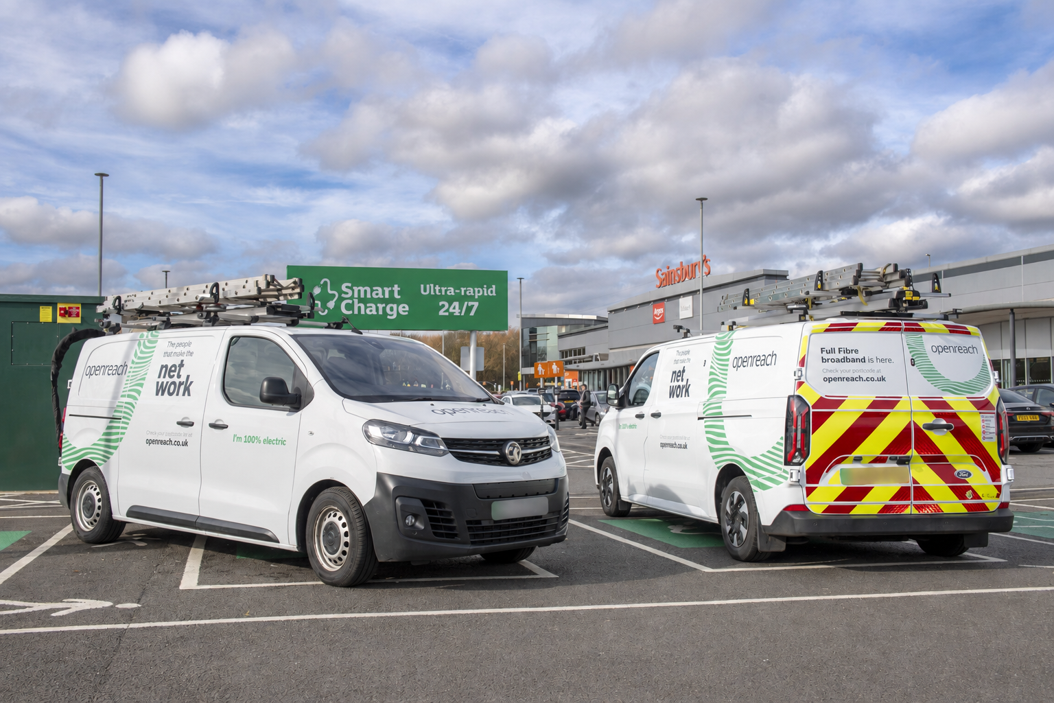 Openreach vans on a lot