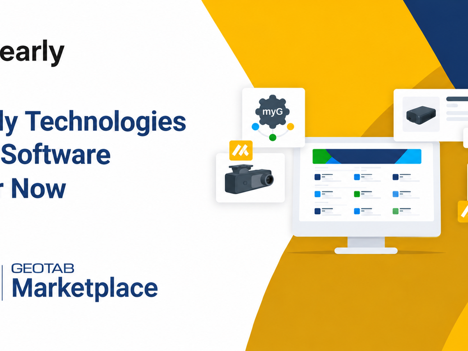 Graphic announcing Clearly Technologies joining Geotab Marketplace Order Now, featuring the Clearly and Geotab Marketplace logos alongside illustrations of a software dashboard and telematics devices.