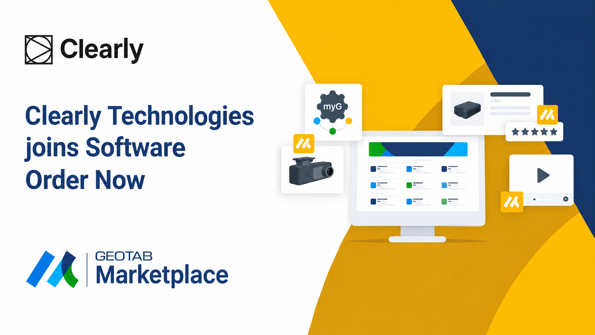 Graphic announcing Clearly Technologies joining Geotab Marketplace Order Now, featuring the Clearly and Geotab Marketplace logos alongside illustrations of a software dashboard and telematics devices.