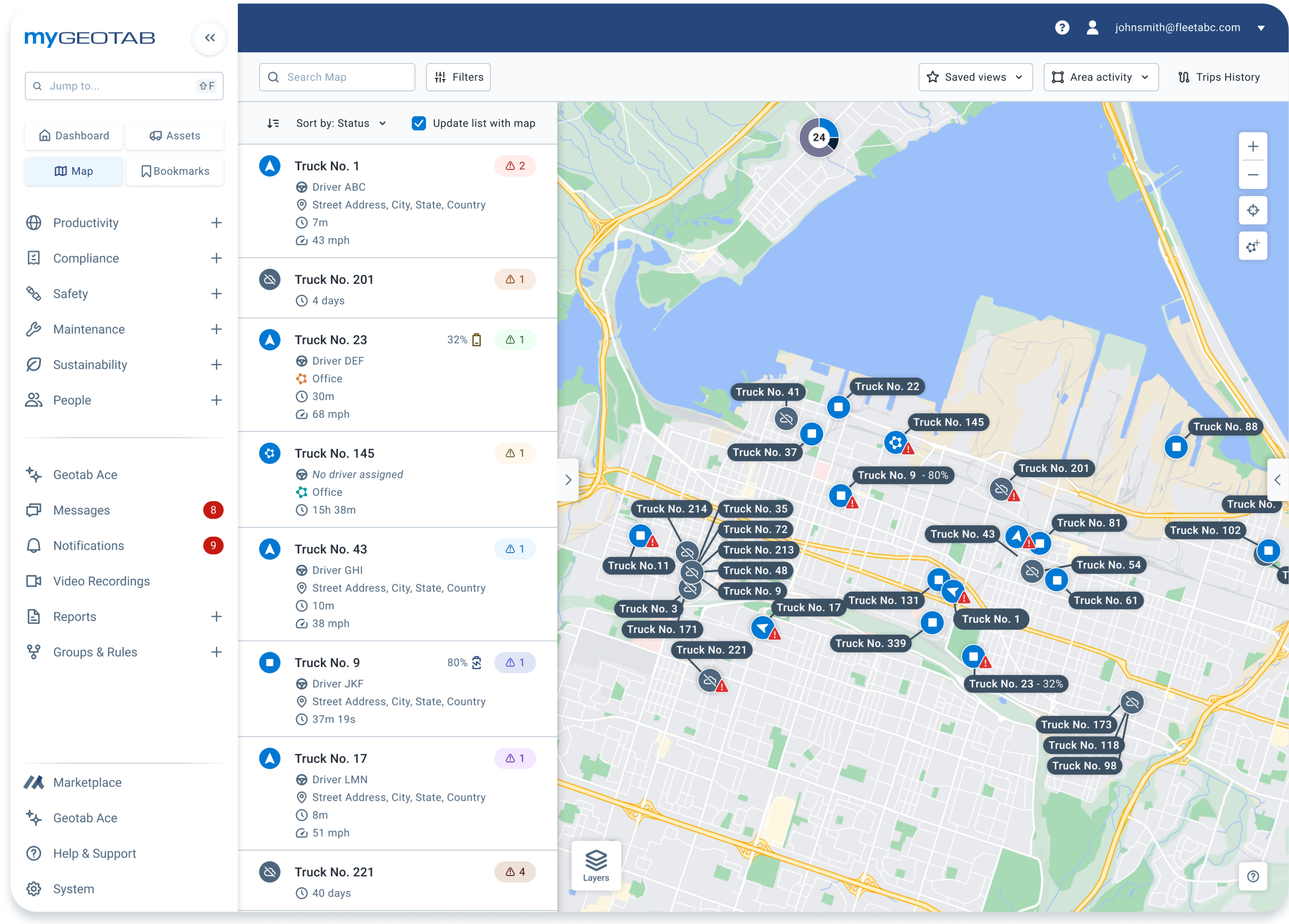 mapa mostrando os eventos ocorridos por cada veiculo durante a rota