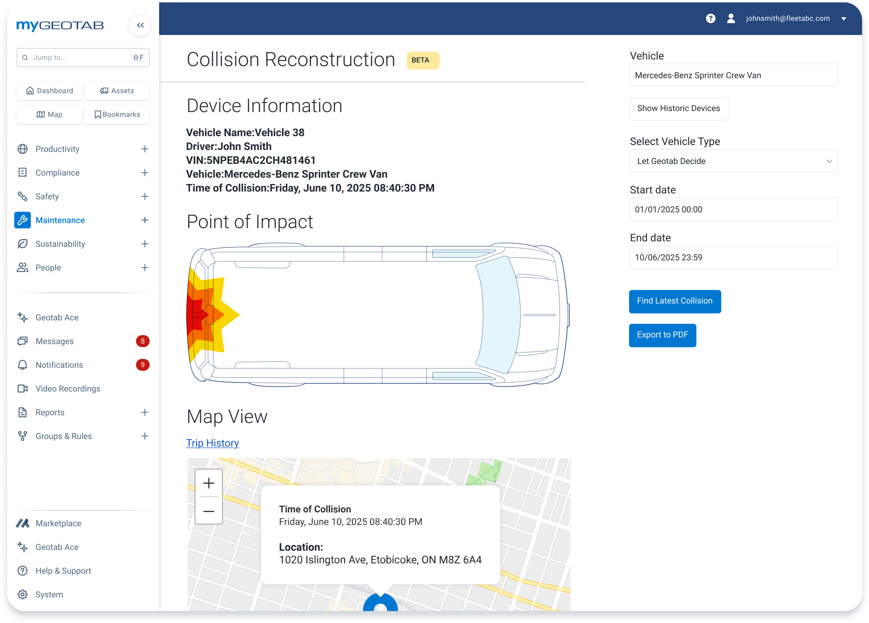 dashboard mostrando como acontece a reconstrução de colisão