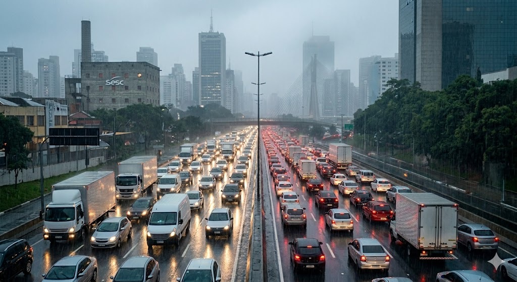Trânsito intenso na Marginal Pinheiros em São Paulo sob chuva forte. Foto mostra congestionamento com veículos de frota, caminhões e carros em dia de baixa visibilidade, ilustrando o impacto climático na velocidade média das metrópoles.