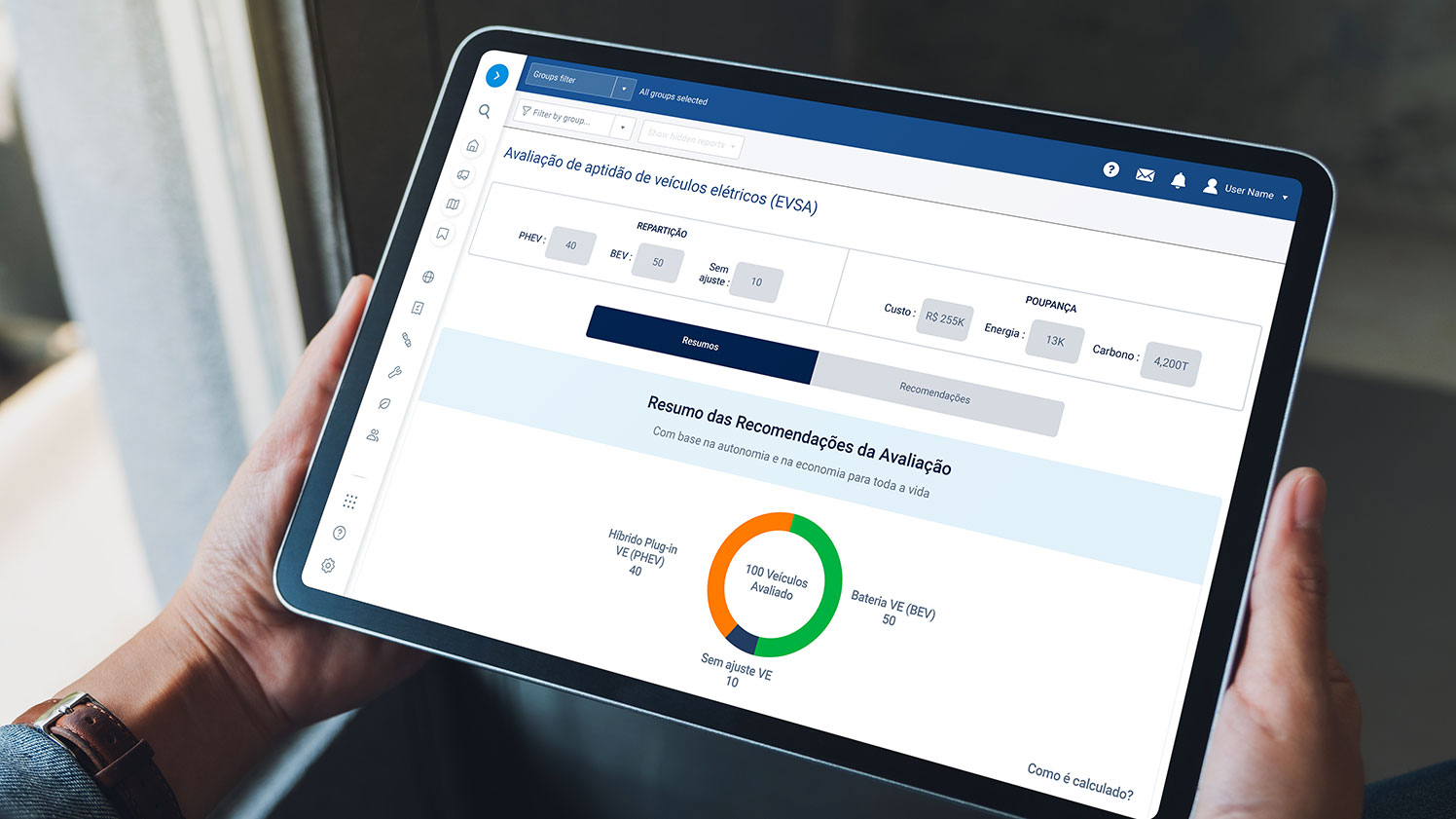 Painel de controle do EVSA no MyGeotab em um tablet