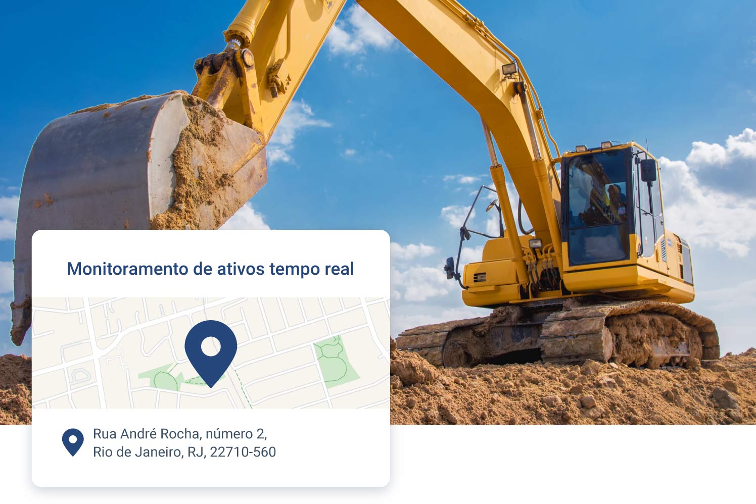 Escavadeira com janela de rastreamento do geotab no canto inferior direito
