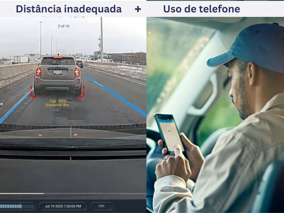 videotelemetria capturando o uso de celular a direção inadequada, motorista está dirigindo colado no carro da frente pois esta desatentento usando o celular. 