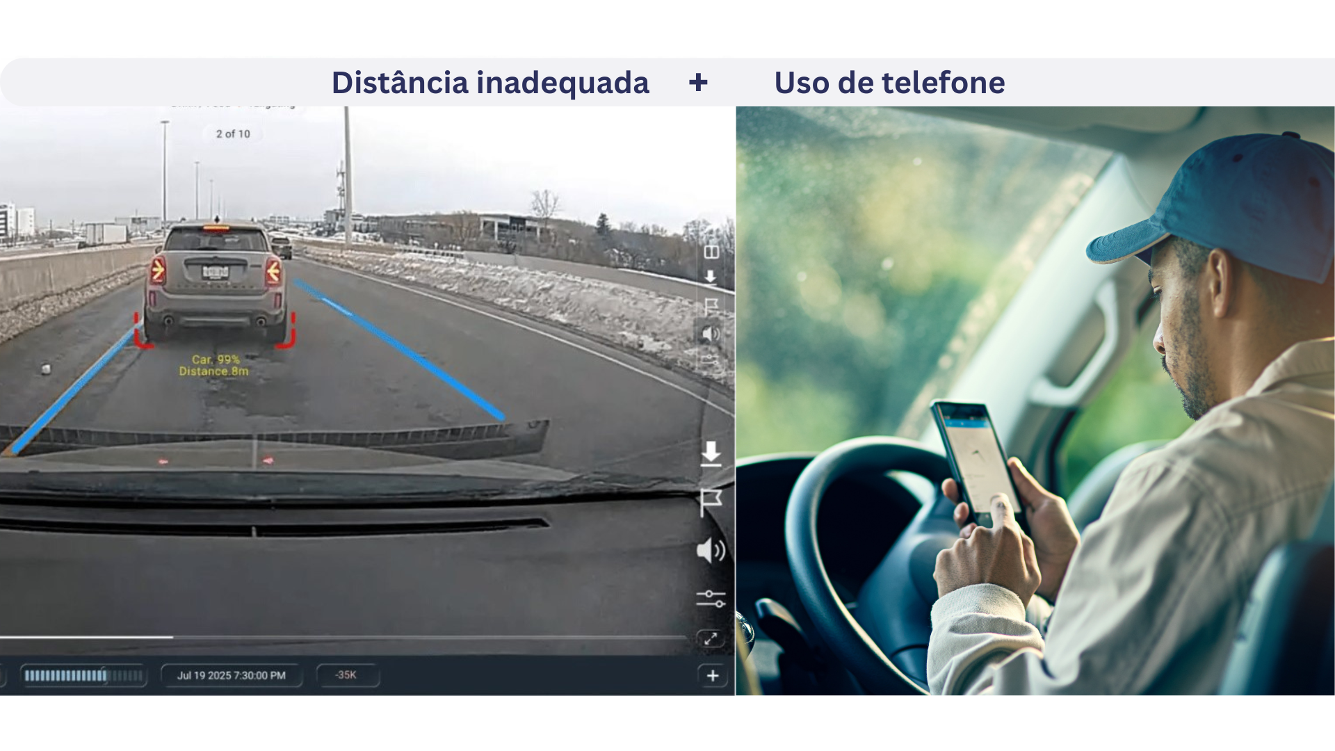 videotelemetria capturando o uso de celular a direção inadequada, motorista está dirigindo colado no carro da frente pois esta desatentento usando o celular. 