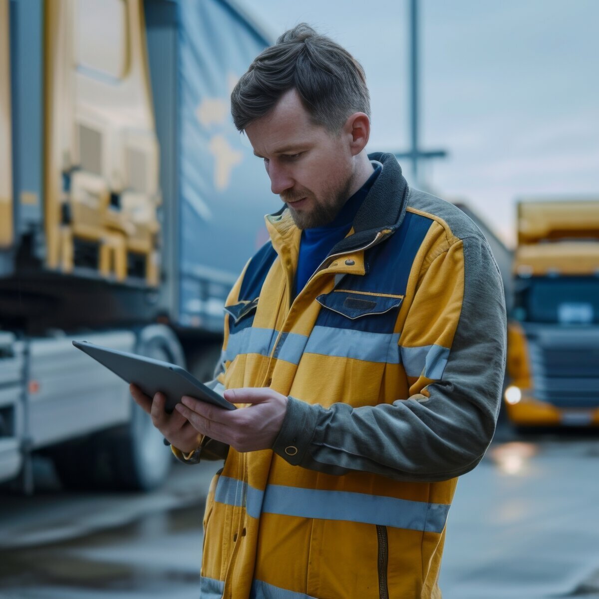 Gestor de frota em um pátio de caminhões usando um tablet para analisar dados, representando o uso de tecnologia para criar rankings de motoristas e fornecer feedbacks positivos.