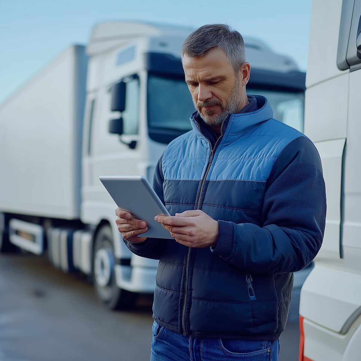 Gestor de frota utiliza tablet para monitorar dados de telemetria veicular em pátio com caminhões brancos ao fundo.