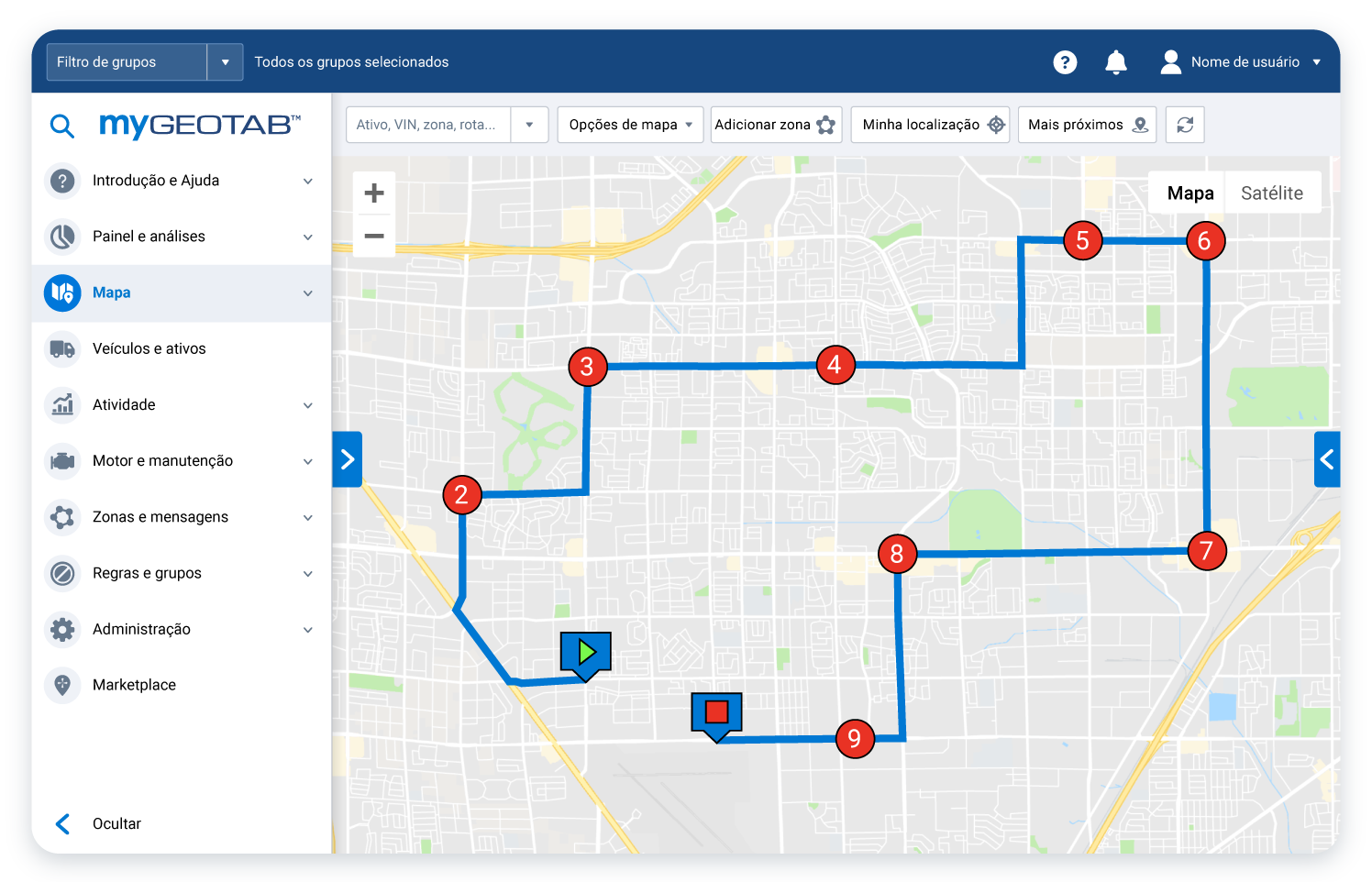 Interface de usuário do desktop de planejamento de viagem no mygeotab