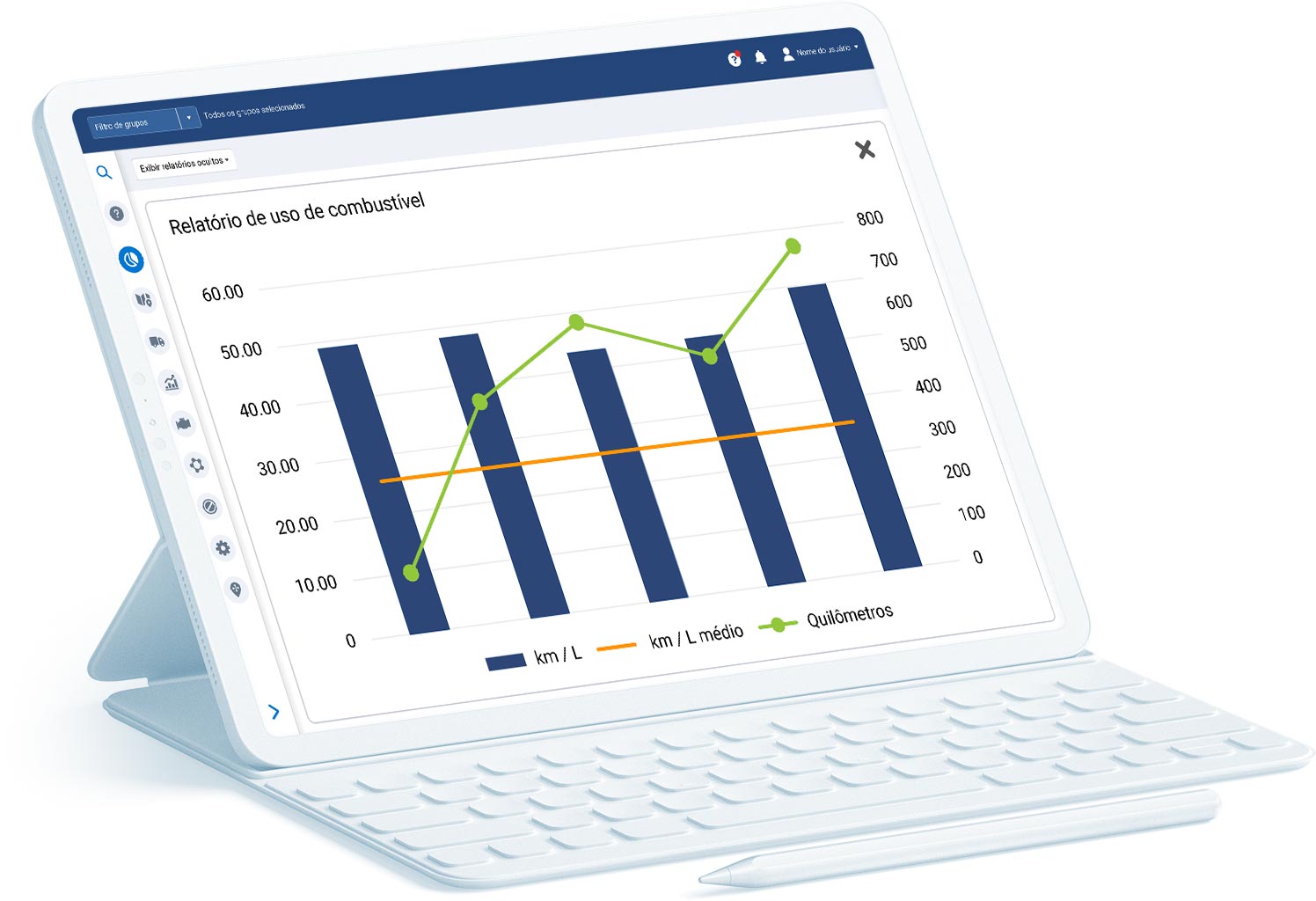 Fuel usage report in MyGeotab on white tablet