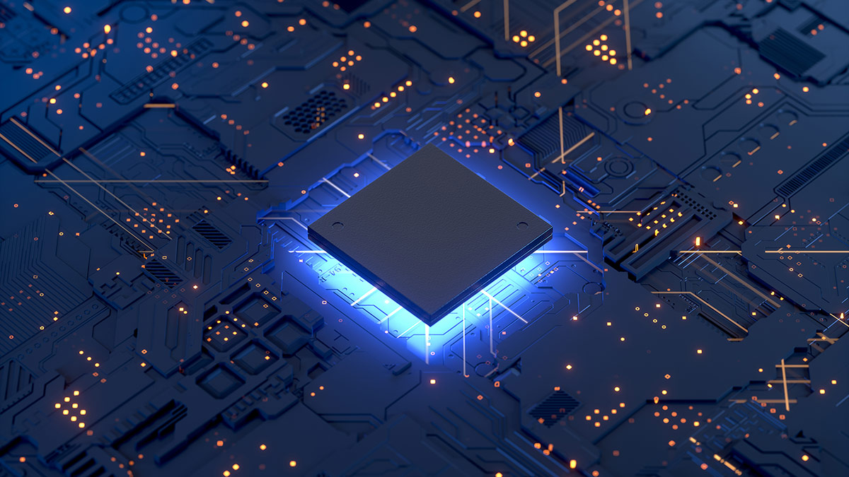 Gros plan du matériel informatique, au-dessus d’une lumière bleue.
