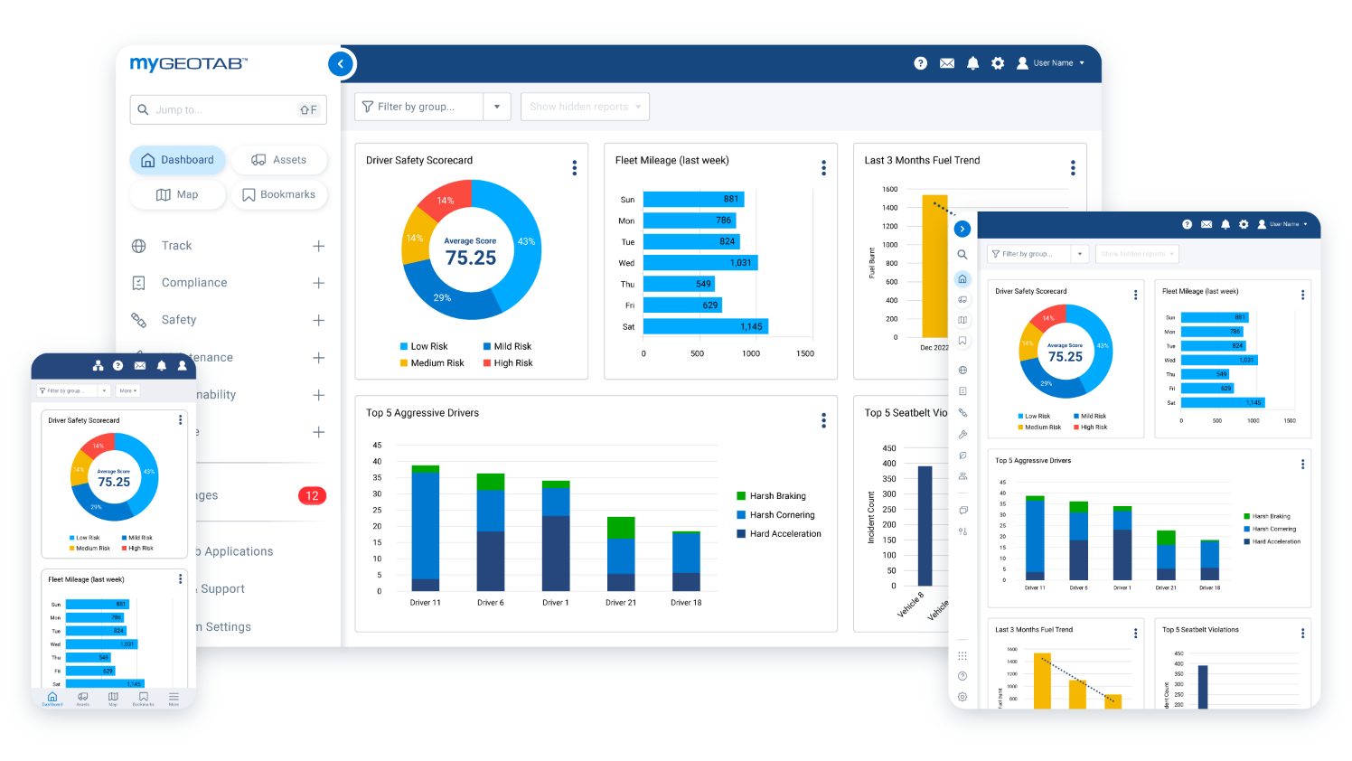 MyGeotab dashboard UI on desktop, phone, and tablet