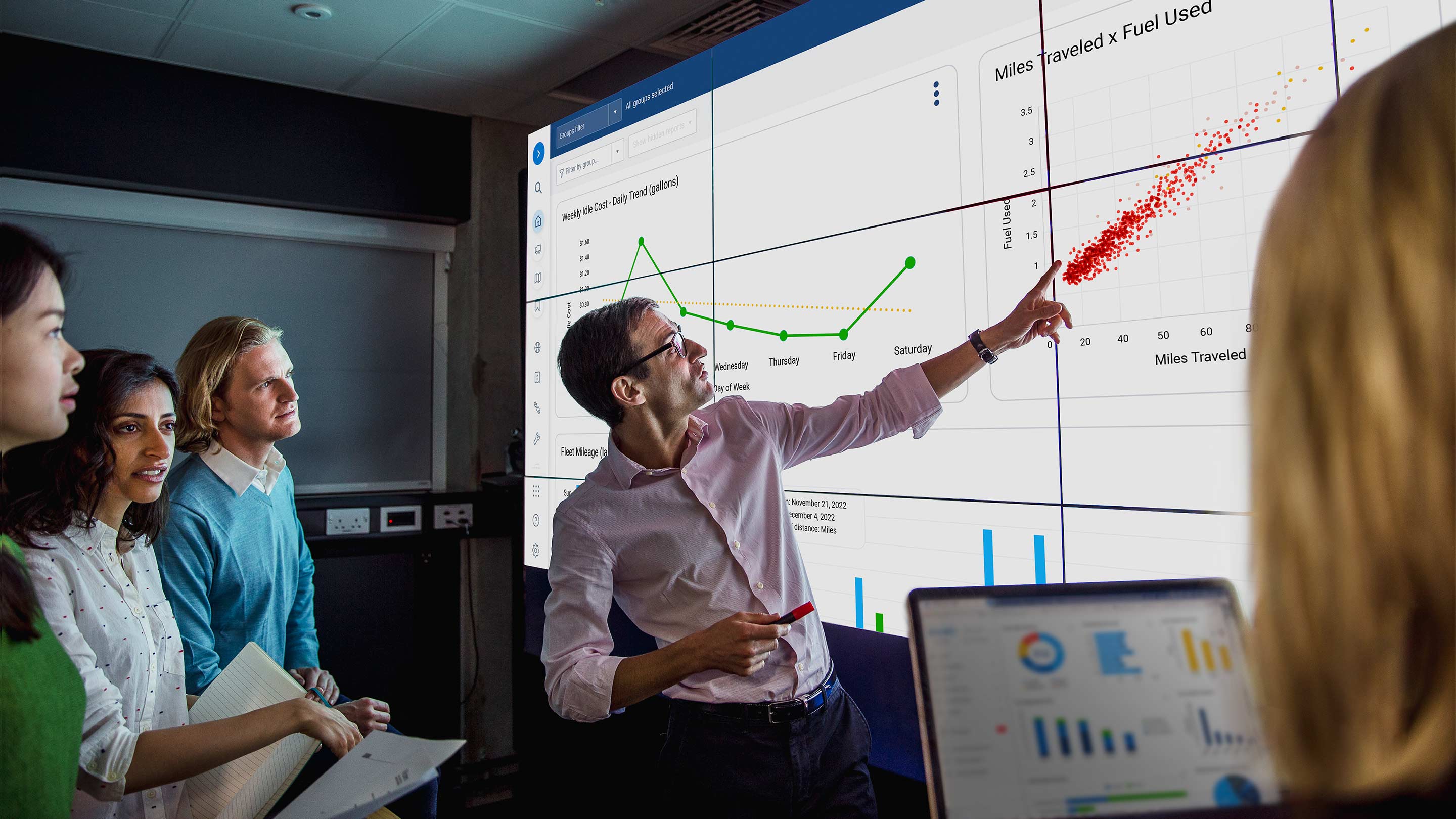 people analysing MyGeotab data on big screen