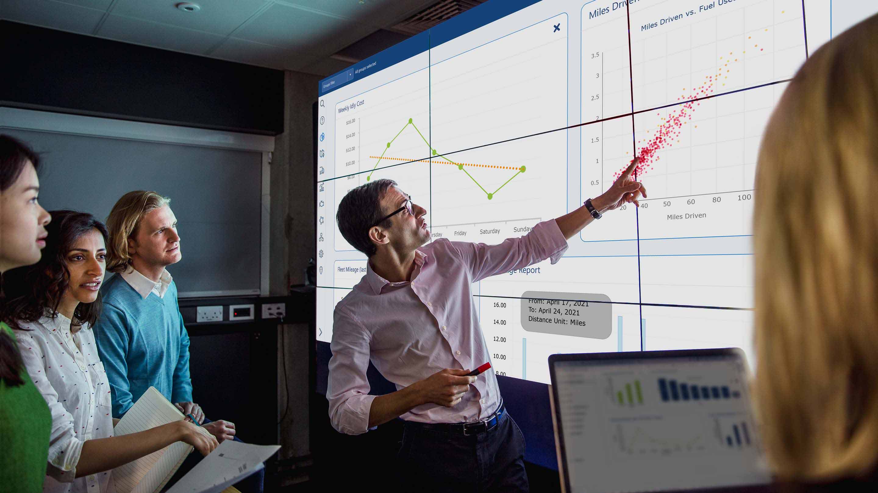 Man pointing to a screen showing a graph of Miles Driven for different vehicles