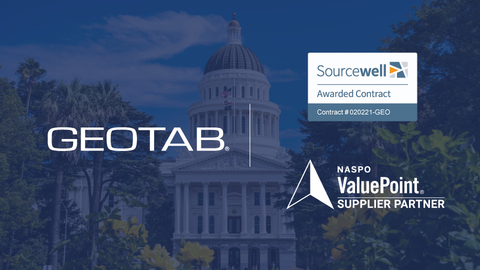 Geotab, NASPO and Sourcewell logos on a faded blue background of a California government building