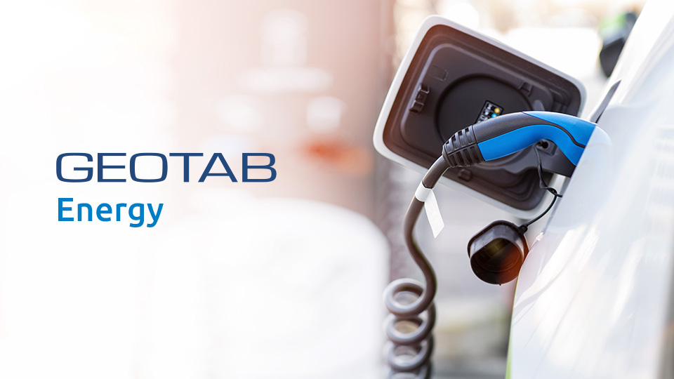 Geotab Energy logo with electric car being charged