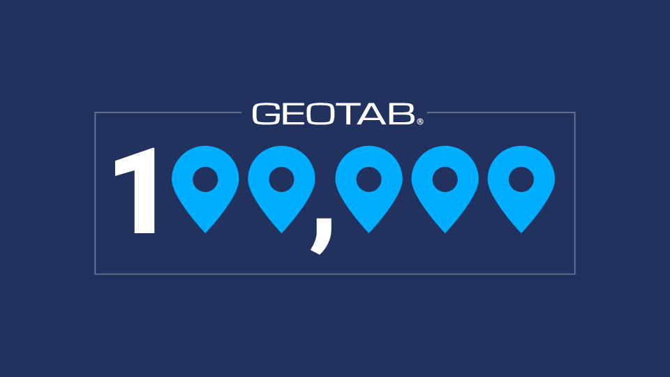 Geotab logo with the number 100,000 on a dark background 