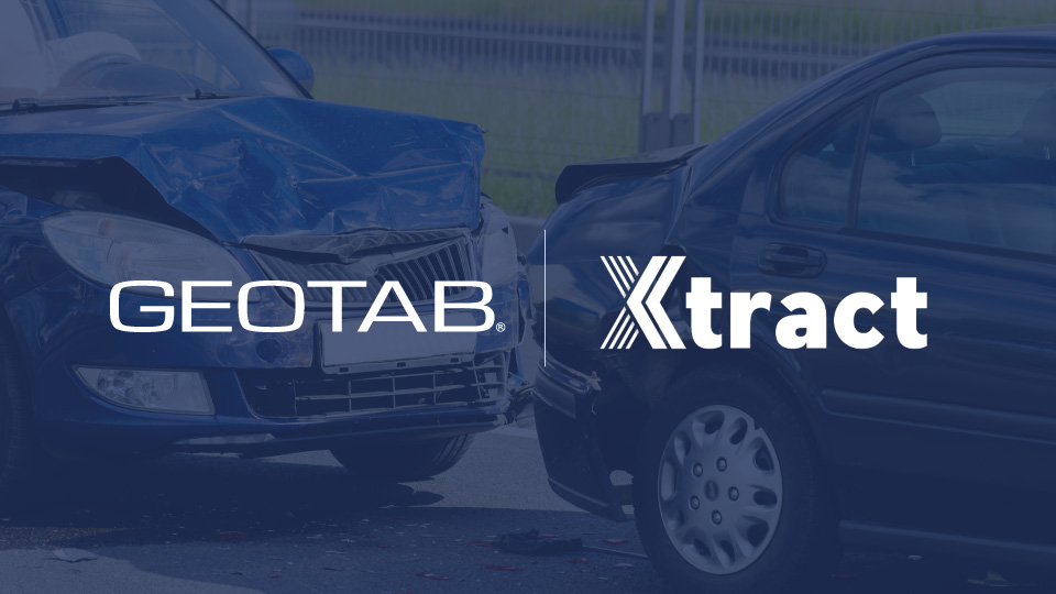 Geotab and Xtract logo on blue background of two vehicles in a collision 