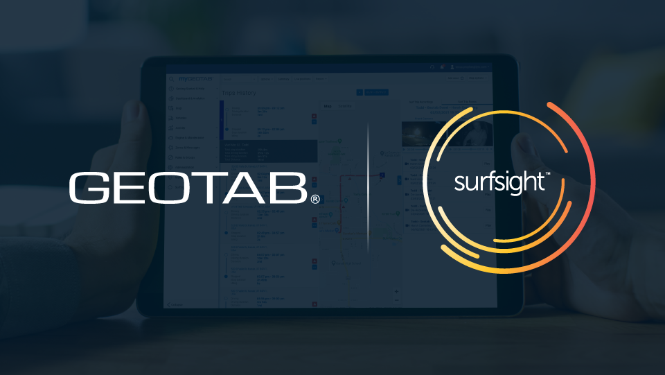 Geotab and Surfsight logo on background with Geotab dashboard