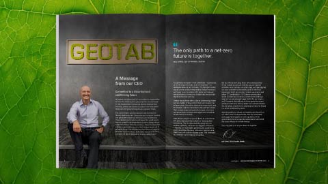 Geotab Sustainability Report on a green background