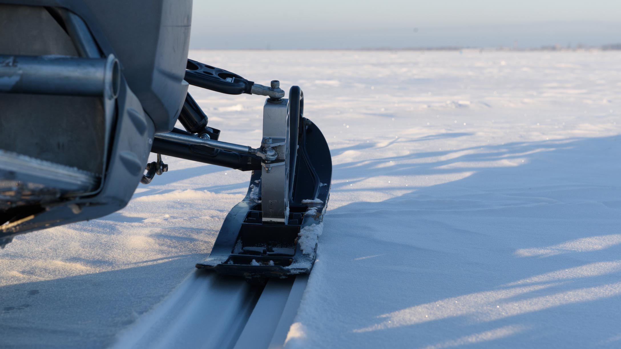 Close-up of a snowmobile ski