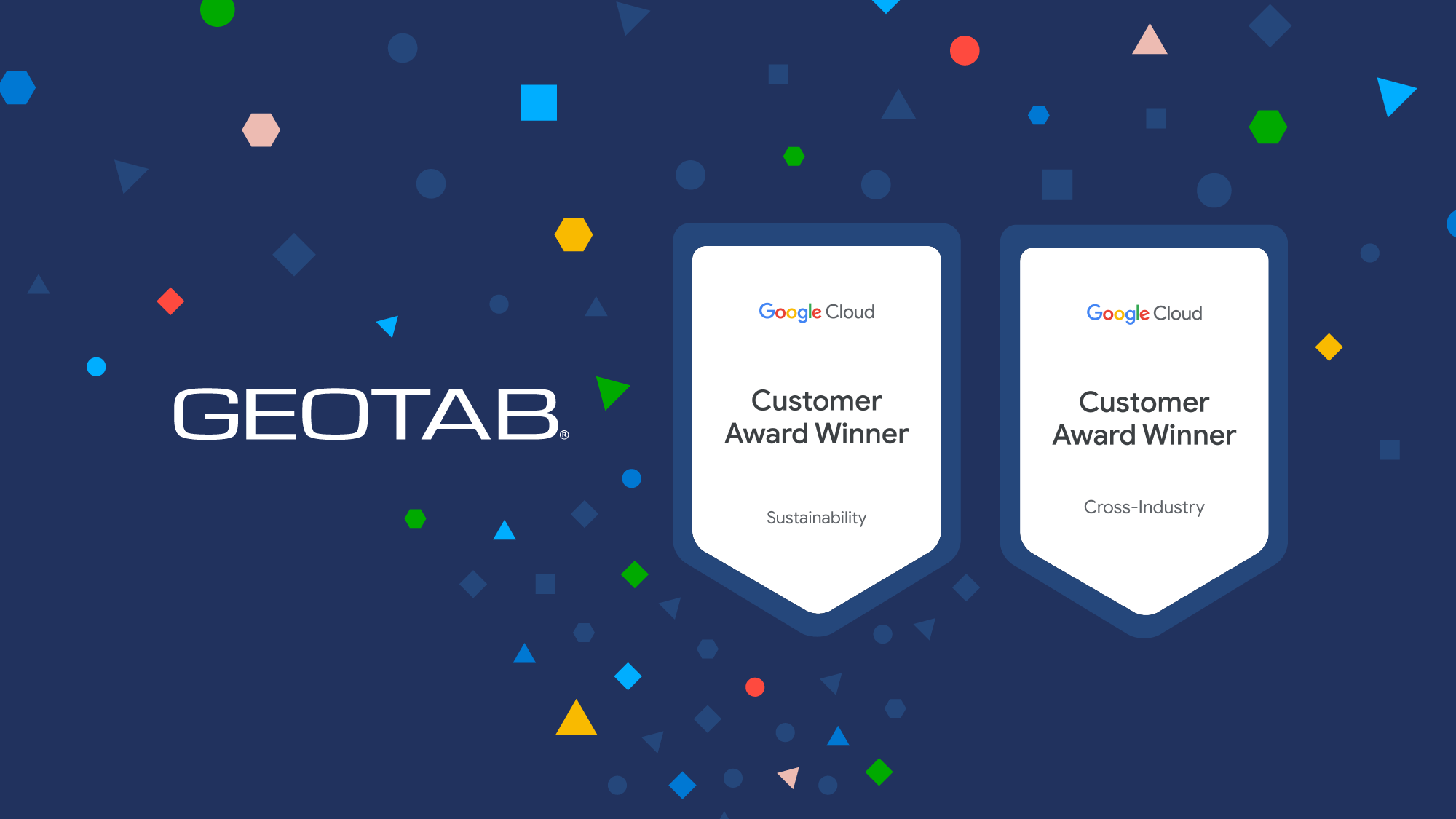 Geotab logo on dark blue background with Google Cloud award logos