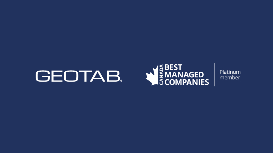 Geotab logo and Canada Best Managed Companies Platinum Member logo on blue background