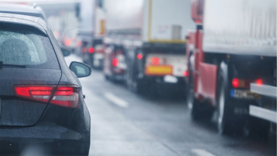 Cars and trucks in traffic