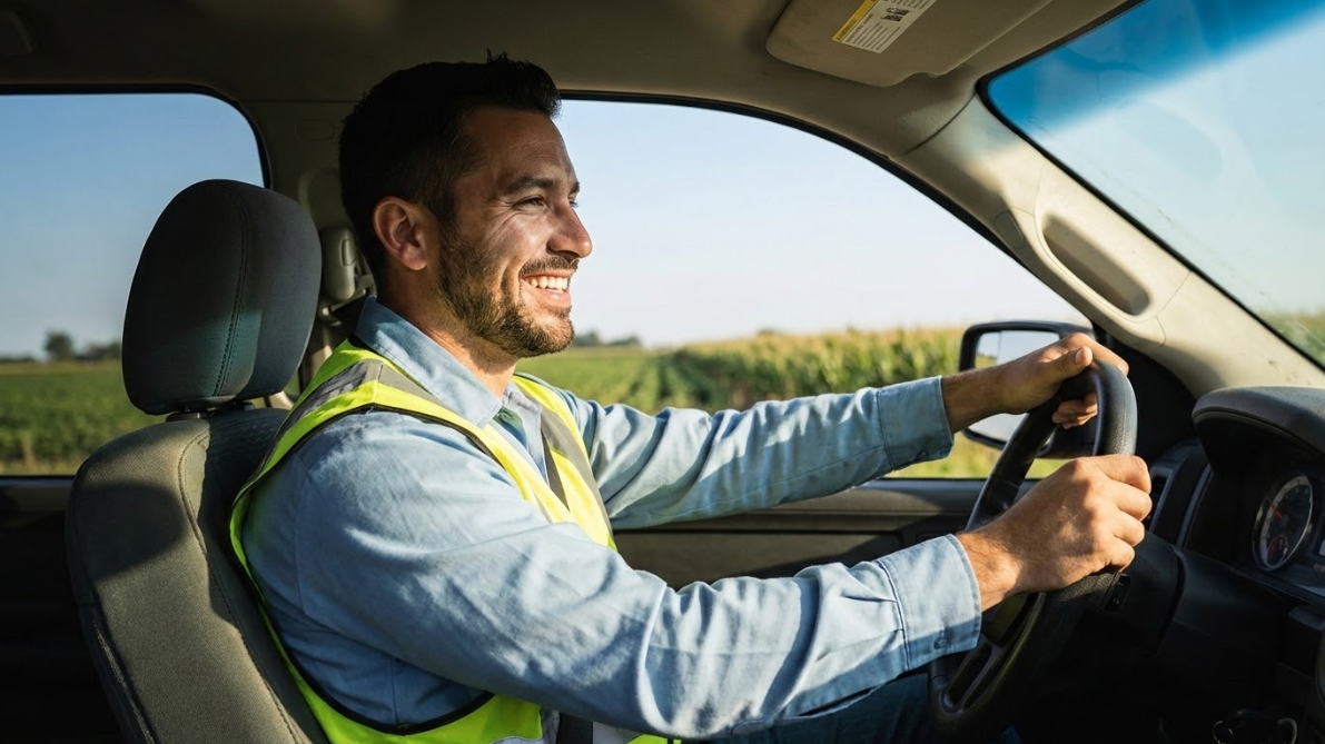 Driver driving beside a field