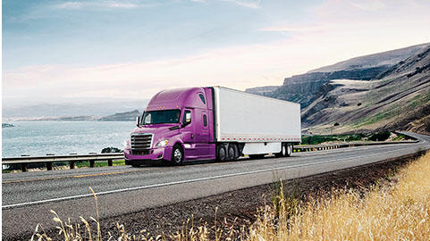 Purple Freightliner truck driving on a highway 